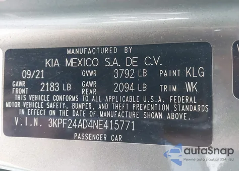 2022 Kia Forte Lxs из США, поврежденный, VIN 3KPF24AD4NE415771